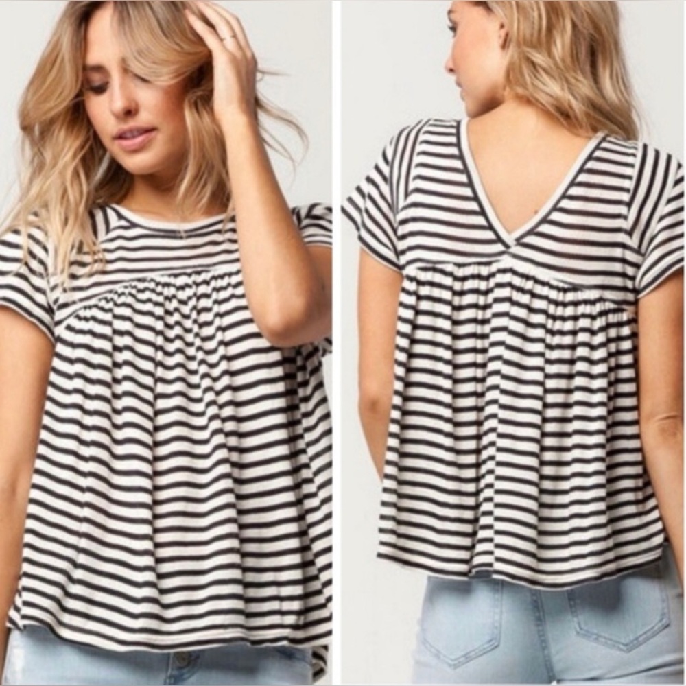 Free People | Medium black and white striped babydoll Jojo tee‎